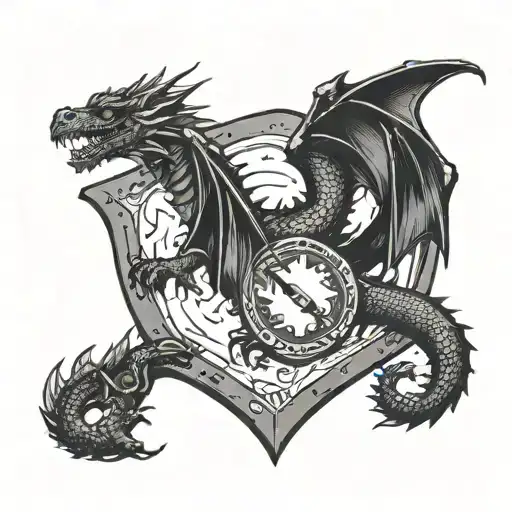 A black dragon holds a shield with a rocket painted on it tattoo design idea