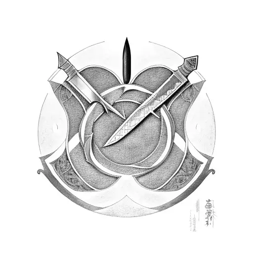 A composition of various swords from different characters in Lord of the Rings, arranged in a circular pattern tattoo design idea