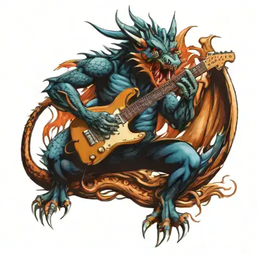 evil English blue dragon playing heavy metal guitar tattoo design idea