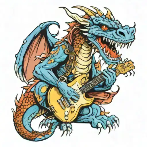 evil English blue dragon playing heavy metal guitar tattoo  tattoo design idea