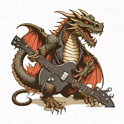 evil English dragon playing heavy metal guitar tattoo design idea