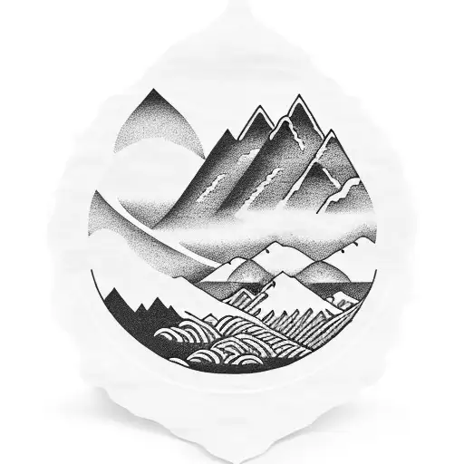 A serene mountain landscape with a ramen noodle bowl nestled among the peaks, symbolizing the nourishment nature provides tattoo design idea