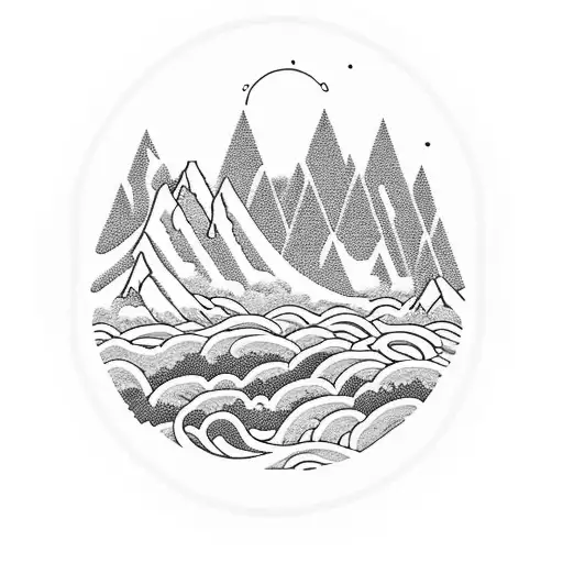 A serene mountain landscape with a ramen noodle bowl nestled among the peaks, symbolizing the nourishment nature provides tattoo design idea