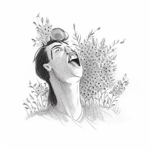 An actor emoting passionately on a theater stage, with a backdrop of vibrant wildflowers tattoo design idea