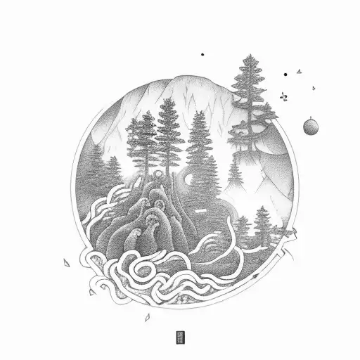 A bowl of steaming ramen noodles amidst a serene forest scene, capturing the harmony between nature and comfort food tattoo design idea