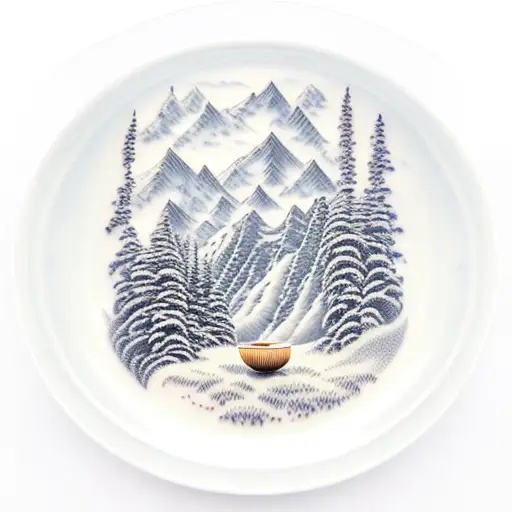 A serene mountain landscape with a ramen noodle bowl nestled among the peaks, symbolizing the nourishment nature provides tattoo design idea