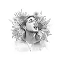 An actor emoting passionately on a theater stage, with a backdrop of vibrant wildflowers tattoo design idea