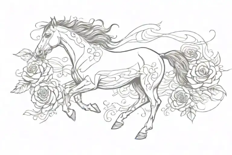 horse running on rose bed tattoo design idea