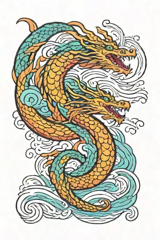 A tattoo of a dragon over a calm colourful river. tattoo design idea