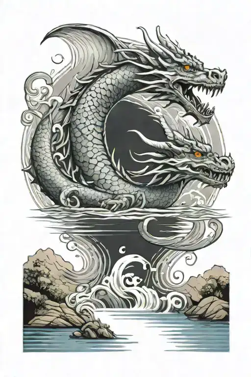 A tattoo of a dragon over a calm colourful river. tattoo design idea