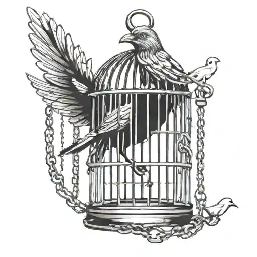 BIRD IN A CAGE WITH CHAINS tattoo design idea