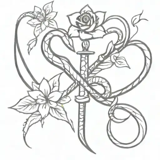 flowers snakes dagger intertwined tattoo design idea