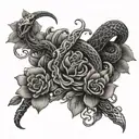 flowers snakes dagger intertwined tattoo design idea