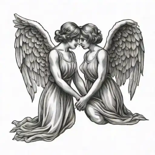 two girl angels with short hair holding hands  tattoo design idea