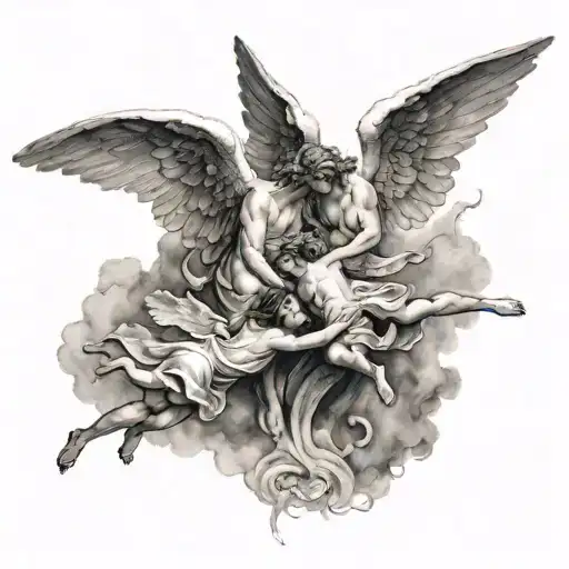 Two angels reaching for each other, one on the ground and one in the sky  tattoo design idea