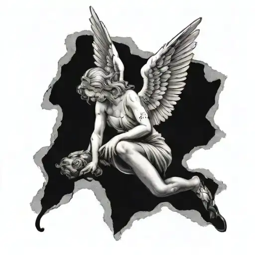 an angel stuck on the ground looking up at the sky tattoo design idea