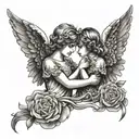 two girl angels with short hair holding hands  tattoo design idea