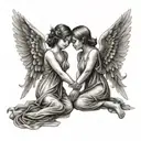two girl angels with short hair holding hands  tattoo design idea
