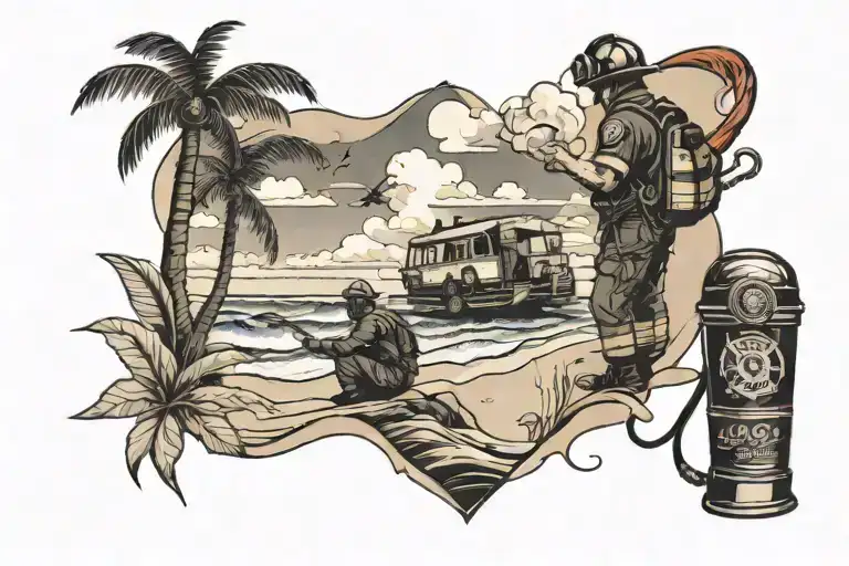 A neotraditional tattoo of a beach scene with a strong firefighter silhouette in the foreground, symbolizing your occupation and love for the beach tattoo design idea