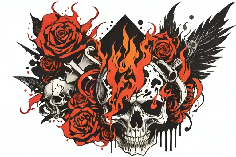 a trashpolka tatto with flames and a broken skull tattoo design idea