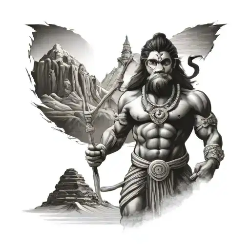 tattoo of a Sillouette or shadow of Hanuman standing proudly with Mount Kailash in the background tattoo design idea