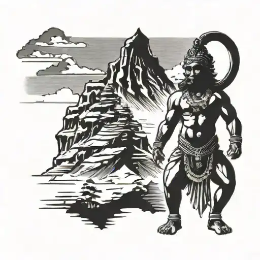 Sillouette of Hanuman standing proudly with Mount Kailash in the background tattoo design idea