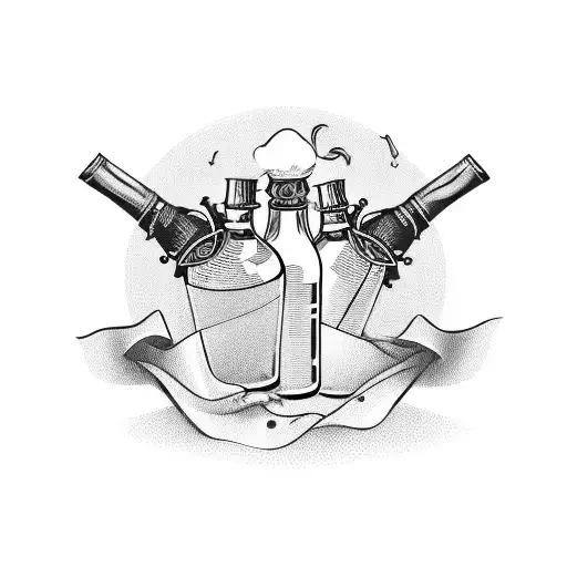 A saloon sign with crossed revolvers and a bottle of whisky tattoo design idea