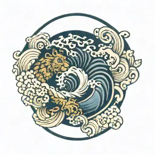 hokusai wave wrap around wrist, with two lions heads above tattoo design idea