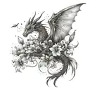 A dragon with wings made of delicate iris petals, surrounded by butterflies and narcissus flowers tattoo design idea