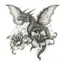 A dragon with wings made of delicate iris petals, surrounded by butterflies and narcissus flowers tattoo design idea