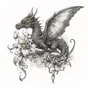 A dragon with wings made of delicate iris petals, surrounded by butterflies and narcissus flowers tattoo design idea