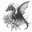 A dragon with wings made of delicate iris petals, surrounded by butterflies and narcissus flowers tattoo design idea