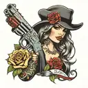 guns and roses , female face , gangster  tattoo design idea