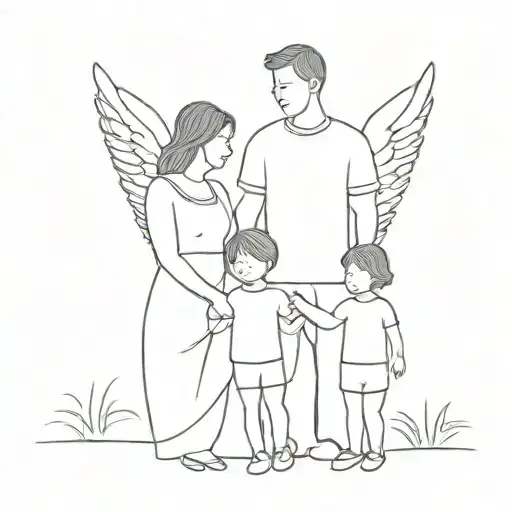 family of mom, dad and 2 year old son looking at an angel in the sky tattoo design idea