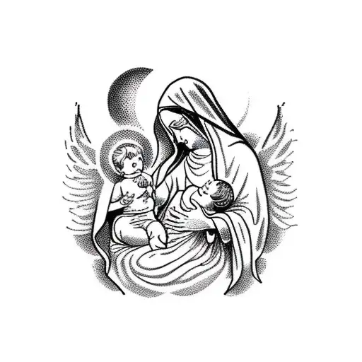 A dotwork tattoo of the Virgin Mary holding baby Jesus, surrounded by angels tattoo design idea