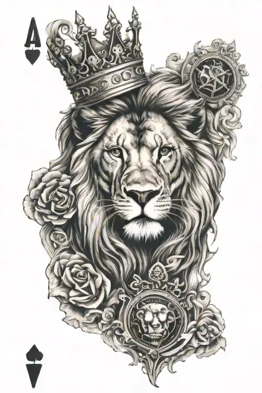 Lion with a crown, and jack of all trades card on fire tattoo design idea