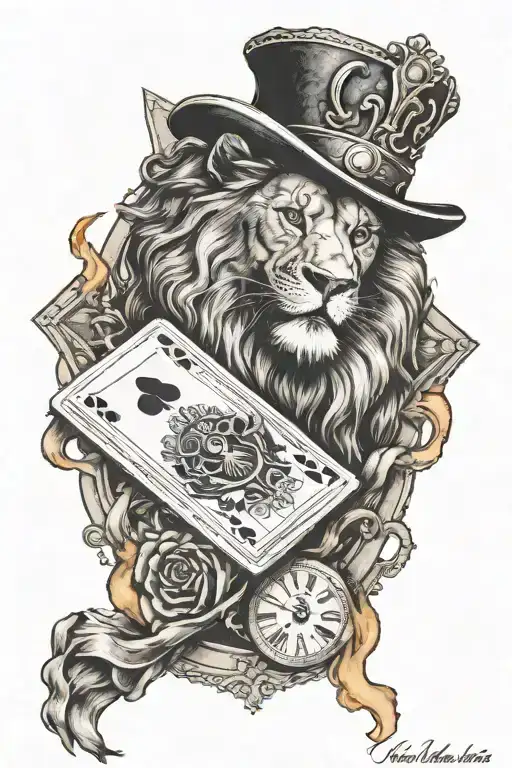 Lion with a crown, and joker playing card on fire, with a Roman pocket watch tattoo design idea