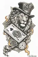 Lion with a crown, and joker playing card on fire, with a Roman pocket watch tattoo design idea