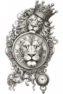 Lion with a crown, and joker playing card on fire, with a Roman pocket watch tattoo design idea