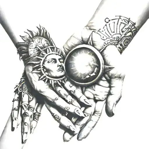 sun and moon on hands holding tattoo design idea