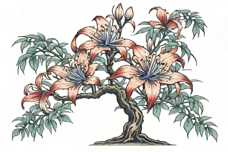 Bonsai tree , red and blue spider lily tattoo design   tattoo design idea