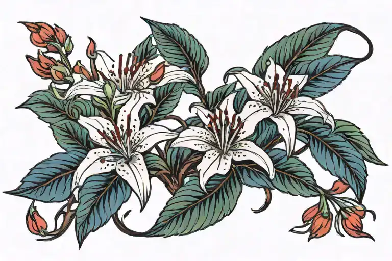 Bonsai, red and blue spider lily tattoo design featuring tattoo design idea