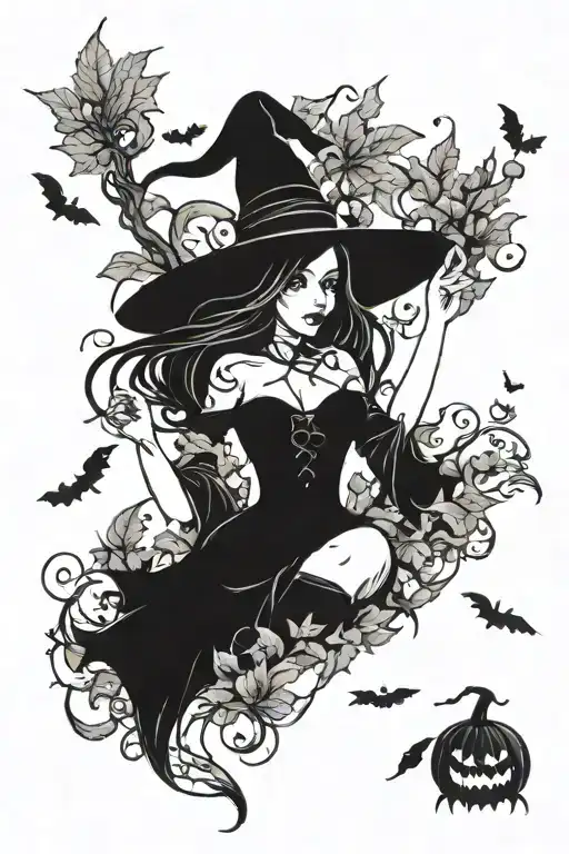 sexy witch, fall leaves, spooky Halloween scene tattoo design idea