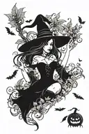 sexy witch, fall leaves, spooky Halloween scene tattoo design idea