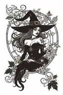 sexy witch, fall leaves, spooky Halloween scene tattoo design idea