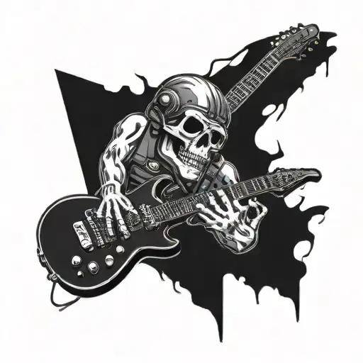 A skull wearing a military helmet playing an electric guitar tattoo design idea