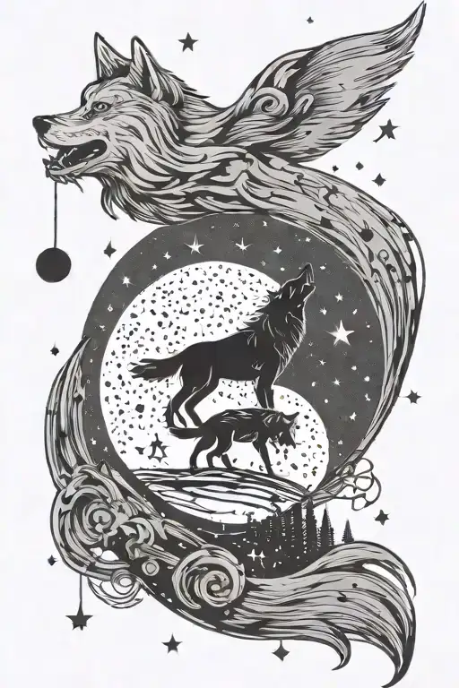 A moon with a wolf silhouette howling at the stars, with musical notes as shooting stars tattoo design idea