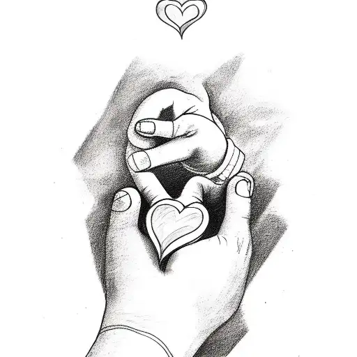 A sketch style tattoo of a child's hand clutching a heart with Ayden's name in a playful font tattoo design idea