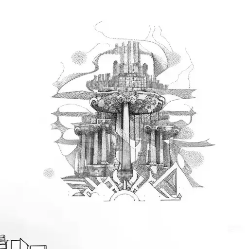 atlantis mixed with geometric lines relating to greek architecture tattoo design idea