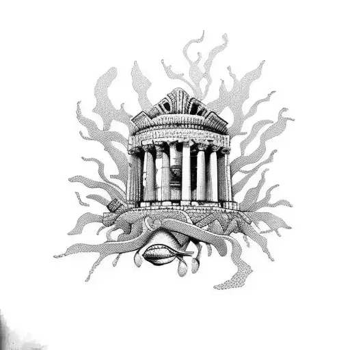 underwater greek architecture with a greek god tattoo design idea
